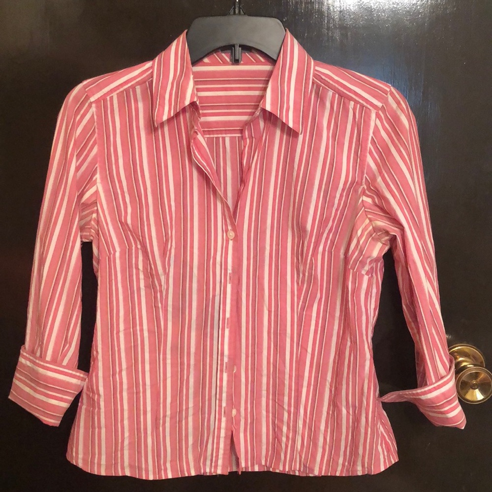 Ann Taylor Pink & White Striped Petites 3/4 Shirt